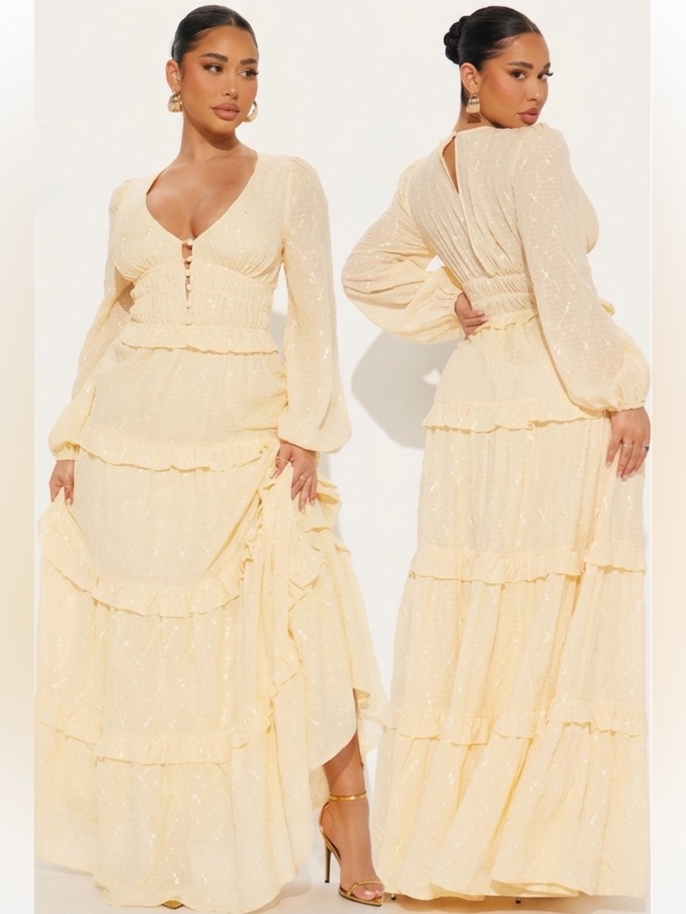 Fashion Nova NWT Soft Yellow Swiss-Dot Tiered Maxi Dress Size 2X